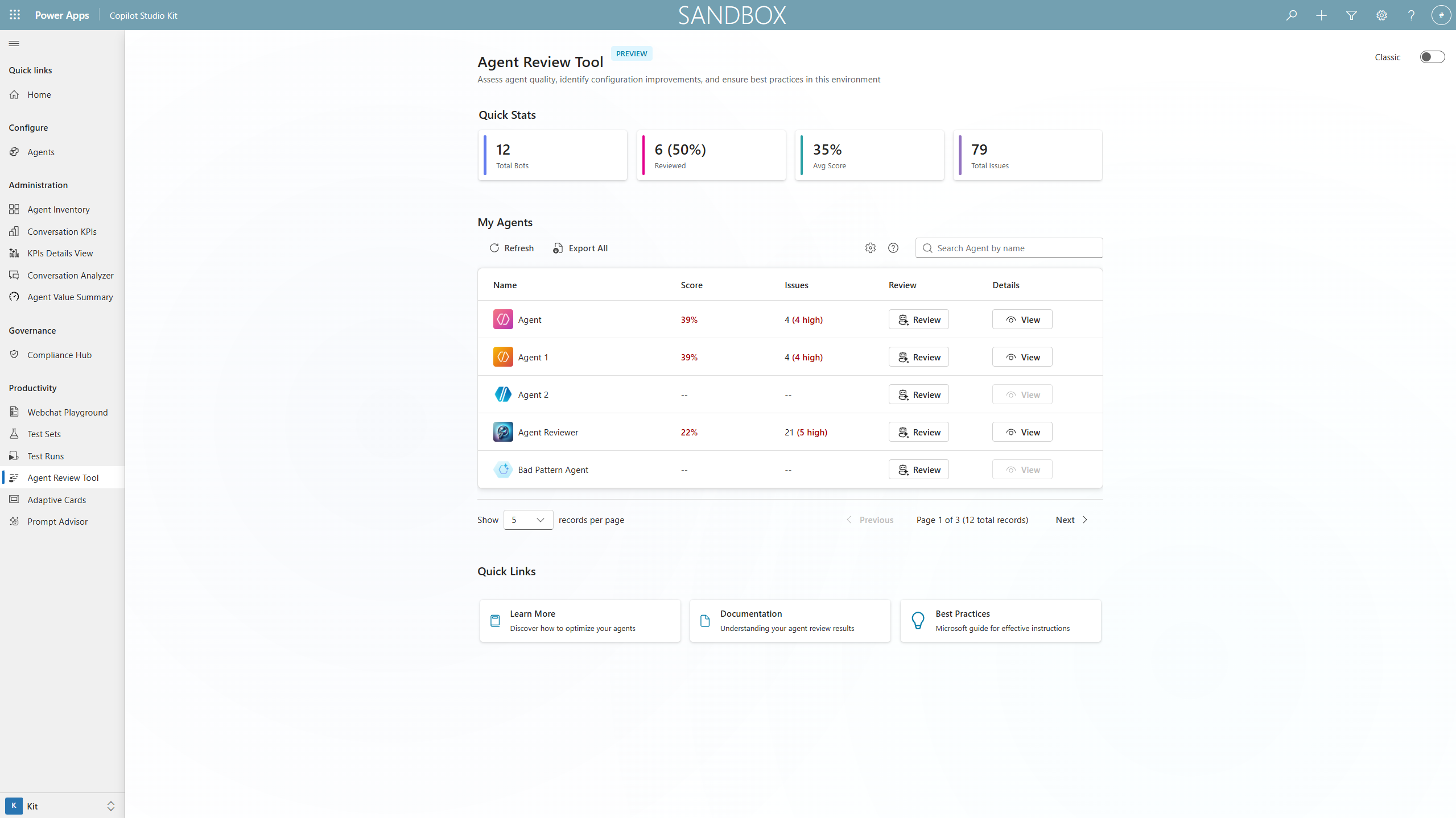 Copilot Studio Kit — Agent Review Tool dashboard showing agent scores, issues, and review status