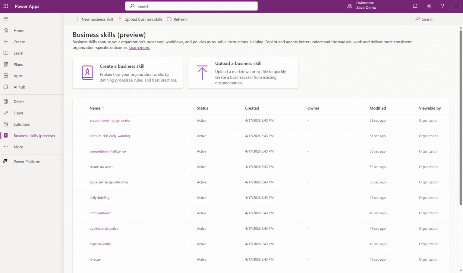 Business skills page in Power Apps