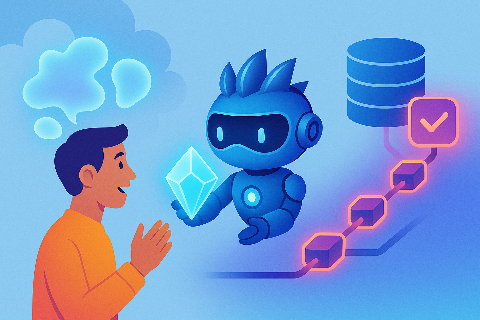 The agent interprets an ambiguous natural-language request into structured data, and a deterministic flow executes it